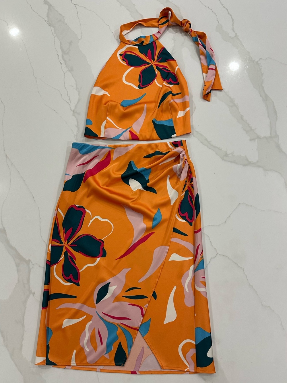 Sigrid Olsen Orange Floral Halter Skirt Set
